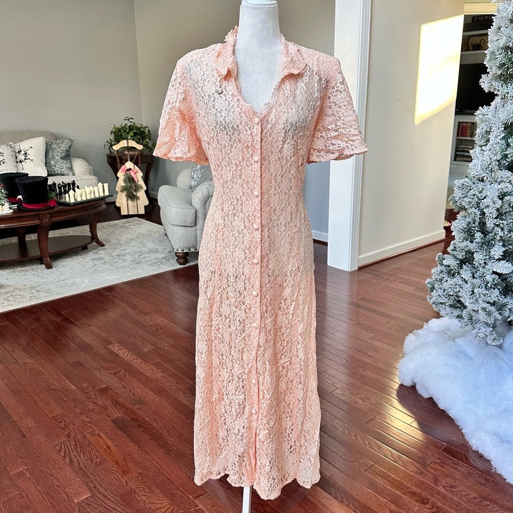 Y2K Dawn Joy Fashions Peach Lace Short Sleeve Corset Back Maxi Midi Dress